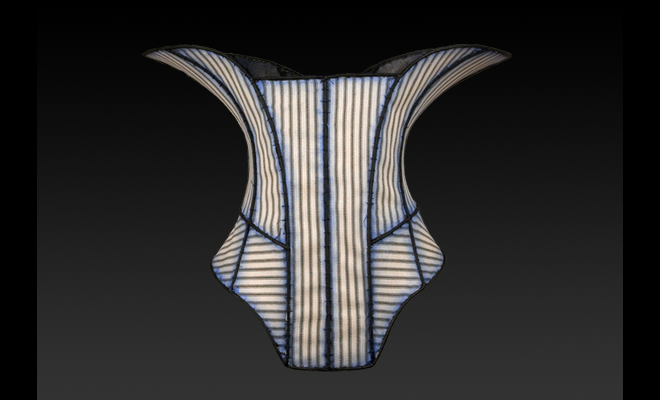 image: Difference Series: Corset (striped side), 2009, suspended mixed media construction: galvanized wire, seine twine,   cotton floral toile, cotton black striped ticking (27" x 21.5" x 10.25") blue, and link to: elements title page