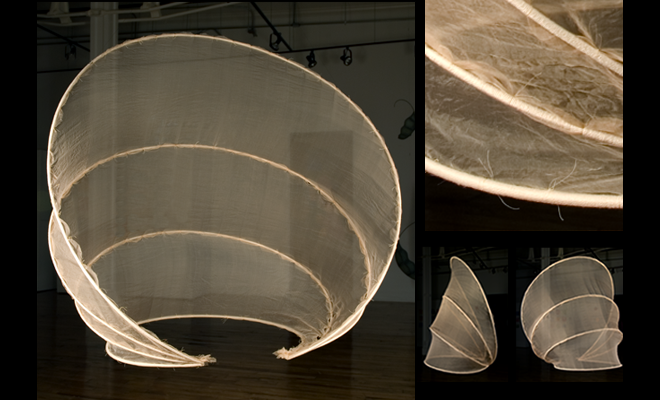 image: Elements: Water (front, detail, side and back views), 2009, suspended mixed media construction: galvanized wire,   seine twine, quilting thread, tea stained organza silk (43” x 44” x 29”), and link to: sculpture: elements2