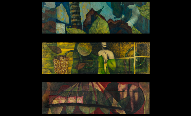image of body of three works: Equipoise Series, 2001-2002, mixed media collages (7" x 21.75" each), and link to: twodimensional: Equipoise2